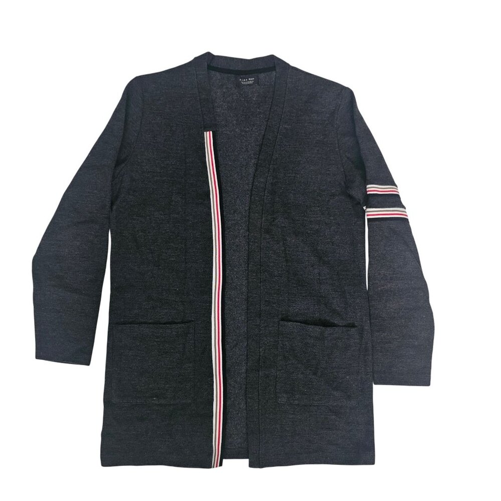 ZARA Man Dark Gray Striped Trim  Open Front Pockets Longline Cardigan Sz Medium - Picture 2 of 9